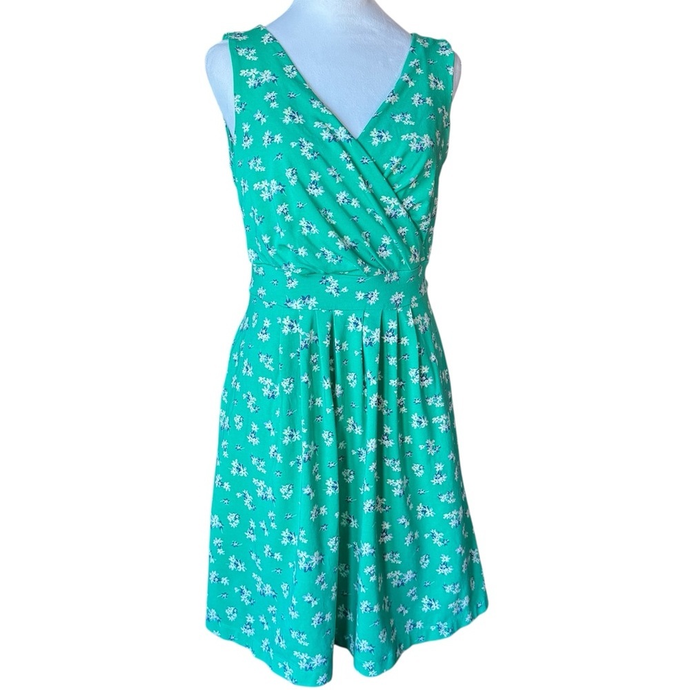 Lands’ End Fit & Flare Floral Dress Green White Size M Petite - Picture 2 of 11